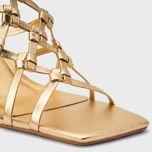 Sandália Knot Frame Salto Uno Couro Metalizado Dourado Gold