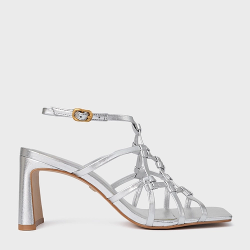 Sandália Knot Frame Salto Uno Couro Metalizado Prata Silver