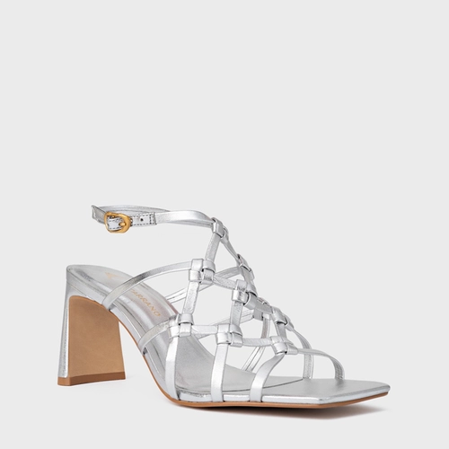Sandália Knot Frame Salto Uno Couro Metalizado Prata Silver