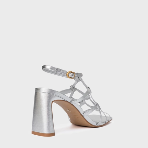 Sandália Knot Frame Salto Uno Couro Metalizado Prata Silver