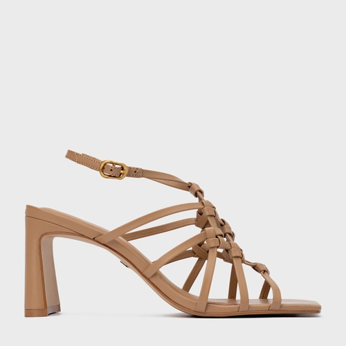 Sandália Knot Frame Salto Uno Couro Marrom Cookie