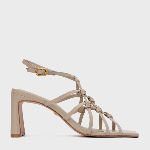 Sandália Knot Frame Salto Uno Couro Bege Oatmeal