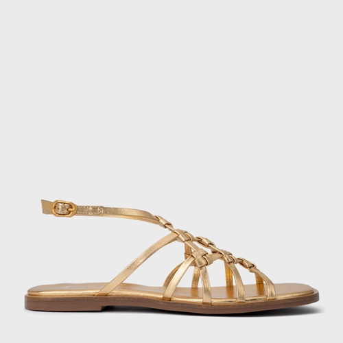 Sandália Rasteira Knot Frame Couro Metalizado Dourado Gold
