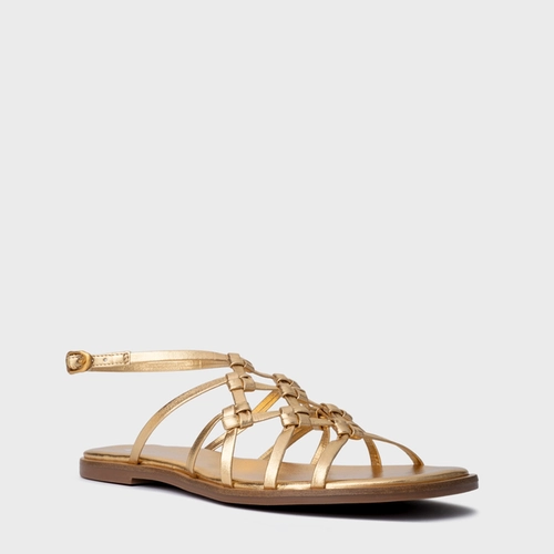 Sandália Rasteira Knot Frame Couro Metalizado Dourado Gold