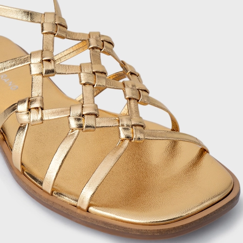 Sandália Rasteira Knot Frame Couro Metalizado Dourado Gold