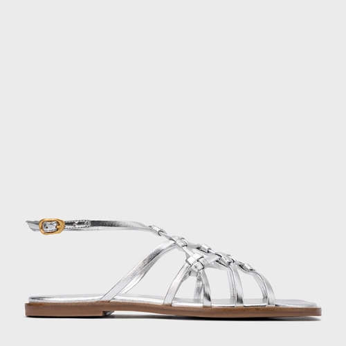 Sandália Rasteira Knot Frame Couro Metalizado Prata Silver