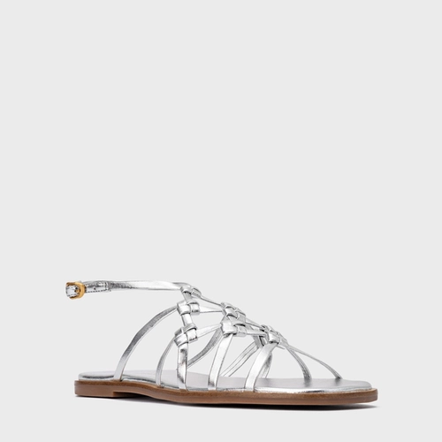 Sandália Rasteira Knot Frame Couro Metalizado Prata Silver