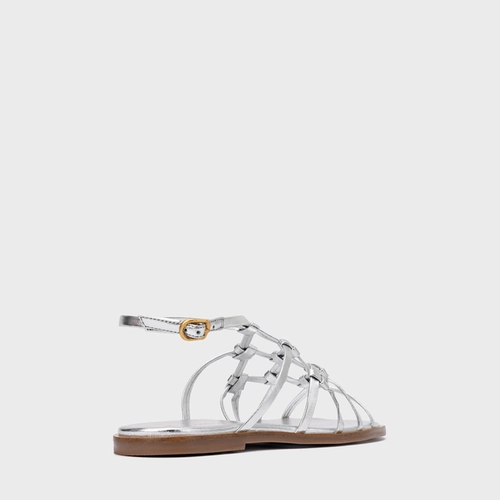 Sandália Rasteira Knot Frame Couro Metalizado Prata Silver