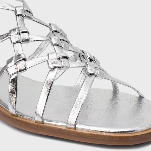 Sandália Rasteira Knot Frame Couro Metalizado Prata Silver