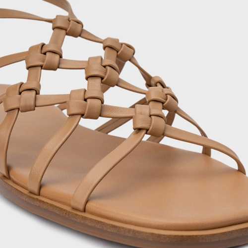 Sandália Rasteira Knot Frame Couro Marrom Cookie