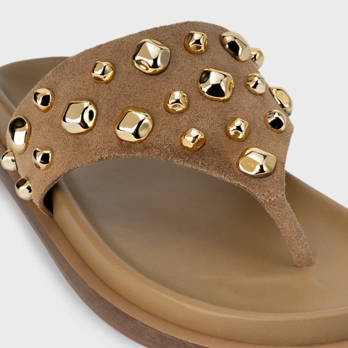 Rasteira Thong Organic Balls Couro Suede Bege Almond