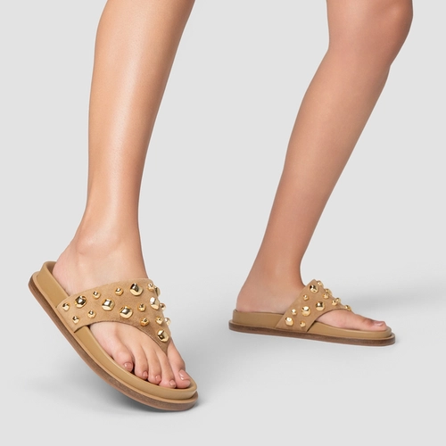 Rasteira Thong Organic Balls Couro Suede Bege Almond