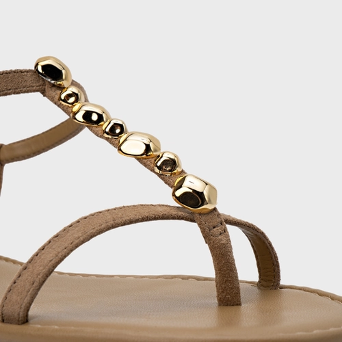 Sandália Rasteira Organic Balls Couro Suede Bege Almond