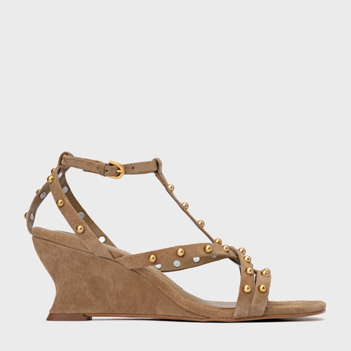 Sandália Folk Mini Balls Anabela Couro Suede Bege Almond