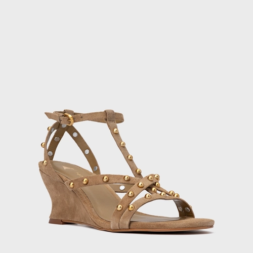 Sandália Folk Mini Balls Anabela Couro Suede Bege Almond