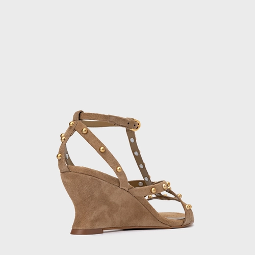 Sandália Folk Mini Balls Anabela Couro Suede Bege Almond