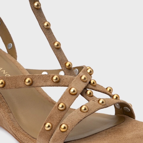Sandália Folk Mini Balls Anabela Couro Suede Bege Almond