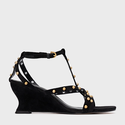 Sandália Folk Mini Balls Anabela Couro Suede Preto