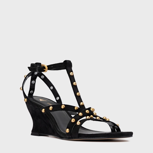 Sandália Folk Mini Balls Anabela Couro Suede Preto