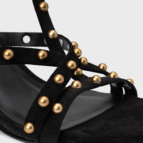 Sandália Folk Mini Balls Anabela Couro Suede Preto