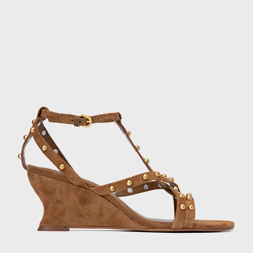 Sandália Folk Mini Balls Anabela Couro Suede Marrom Saddle