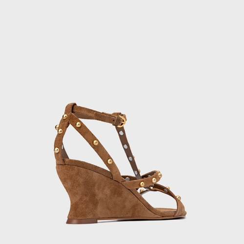 Sandália Folk Mini Balls Anabela Couro Suede Marrom Saddle