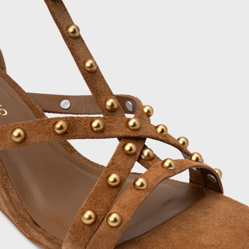 Sandália Folk Mini Balls Anabela Couro Suede Marrom Saddle