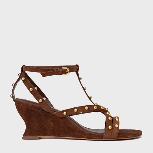 Sandália Folk Mini Balls Anabela Couro Suede Marrom Walnut