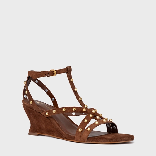 Sandália Folk Mini Balls Anabela Couro Suede Marrom Walnut