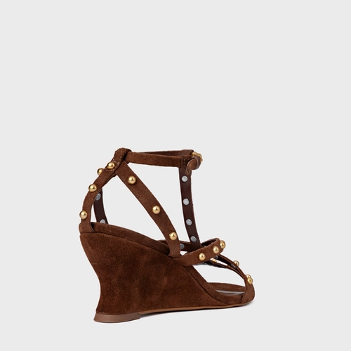 Sandália Folk Mini Balls Anabela Couro Suede Marrom Walnut