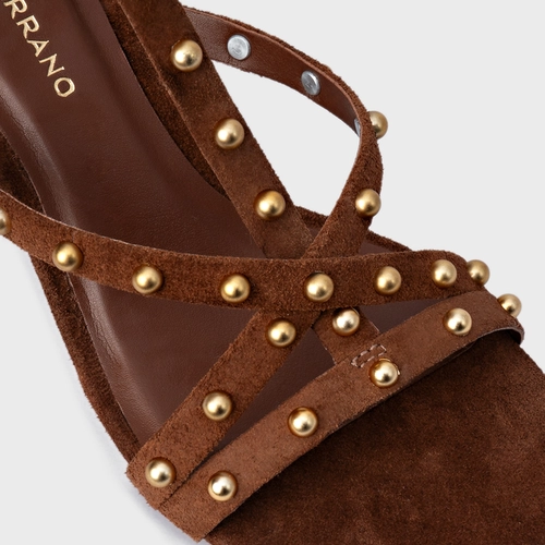 Sandália Folk Mini Balls Anabela Couro Suede Marrom Walnut