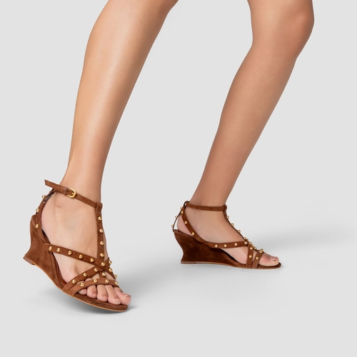 Sandália Folk Mini Balls Anabela Couro Suede Marrom Walnut