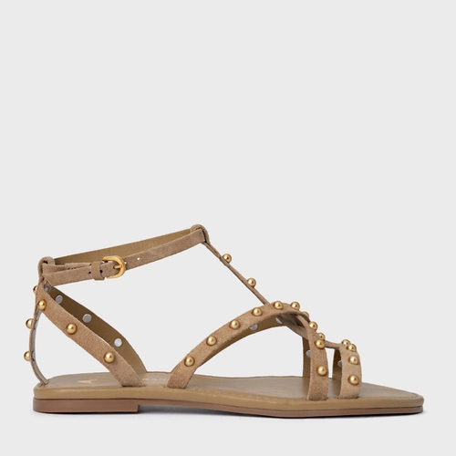 Sandália Rasteira Folk Mini Balls Couro Suede Bege Almond
