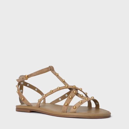 Sandália Rasteira Folk Mini Balls Couro Suede Bege Almond