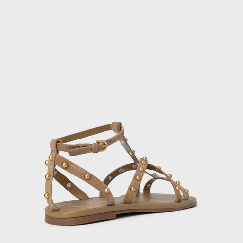 Sandália Rasteira Folk Mini Balls Couro Suede Bege Almond