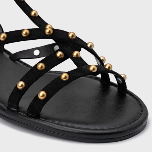 Sandália Rasteira Folk Mini Balls Couro Suede Preto