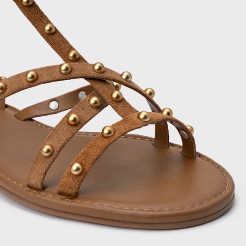 Sandália Rasteira Folk Mini Balls Couro Suede Marrom Saddle