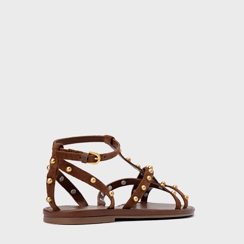 Sandália Rasteira Folk Mini Balls Couro Suede Marrom Walnut