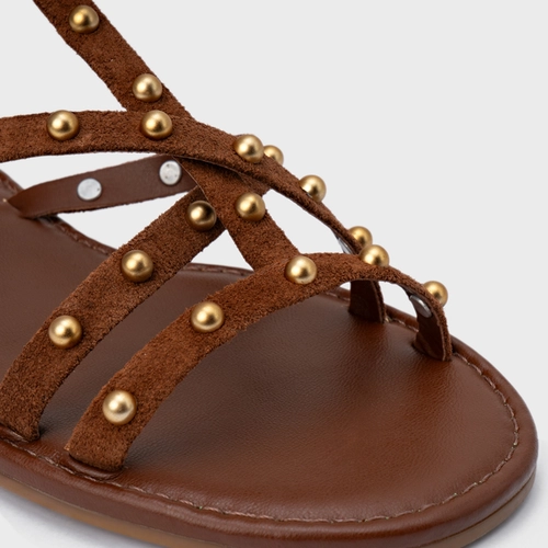 Sandália Rasteira Folk Mini Balls Couro Suede Marrom Walnut
