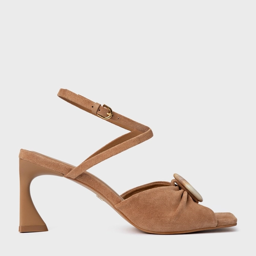 Sandália Desert Stone Salto Allure Couro Suede Marrom Cookie
