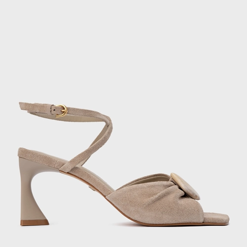 Sandália Desert Stone Salto Allure Couro Suede Bege Oatmeal