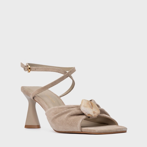 Sandália Desert Stone Salto Allure Couro Suede Bege Oatmeal