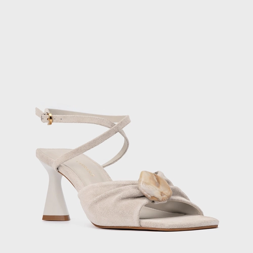Sandália Desert Stone Salto Allure Couro Suede Off White Osso