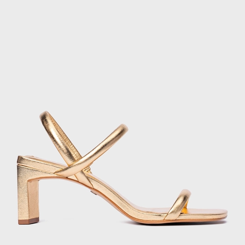Sandália Essential Salto Reto Couro Metalizado Dourado Gold