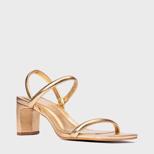 Sandália Essential Salto Reto Couro Metalizado Dourado Gold