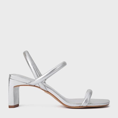Sandália Essential Salto Reto Couro Metalizado Prata Silver