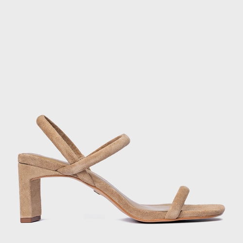Sandália Essential Salto Reto Couro Suede Bege Almond