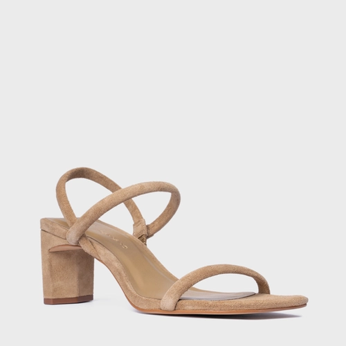 Sandália Essential Salto Reto Couro Suede Bege Almond