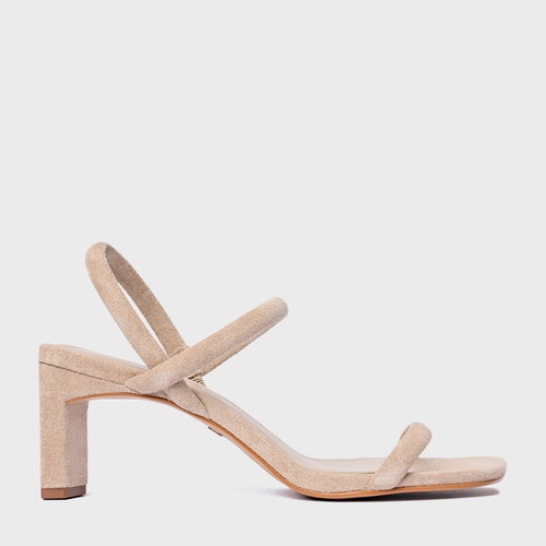 Sandália Essential Salto Reto Couro Suede Bege Oatmeal
