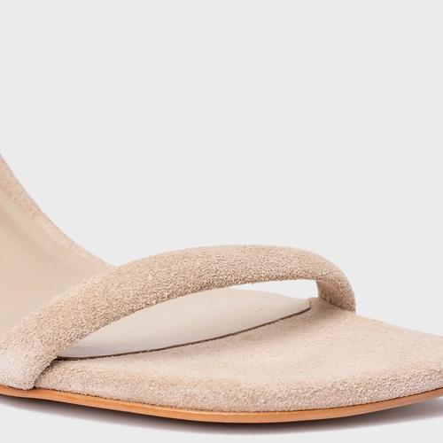 Sandália Essential Salto Reto Couro Suede Bege Oatmeal